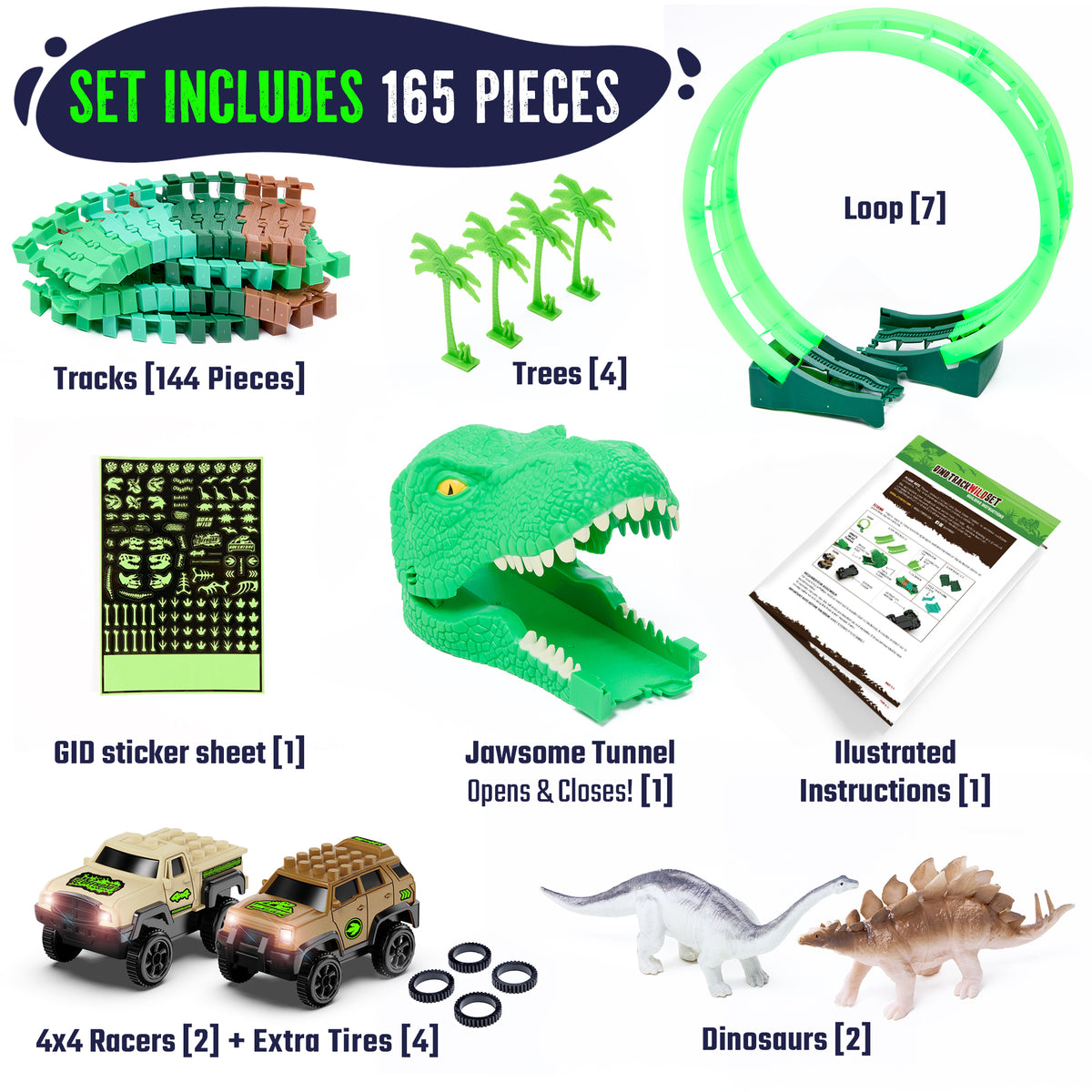 DinoTrack Forest & Wild Bundle – 2 Glow Tracks, 6 Cars