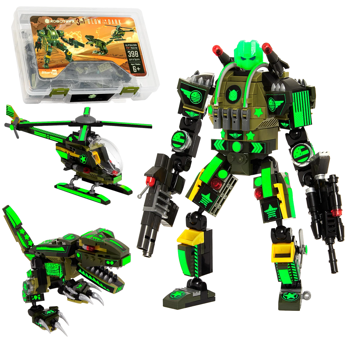 Alphazor — 3-in-1 Glow-in-the-Dark Robot, Raptor & Chopper Set