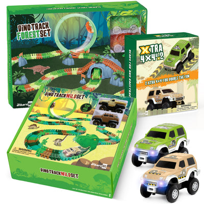 DinoTrack Forest & Wild Bundle – 2 Glow Tracks, 6 Cars